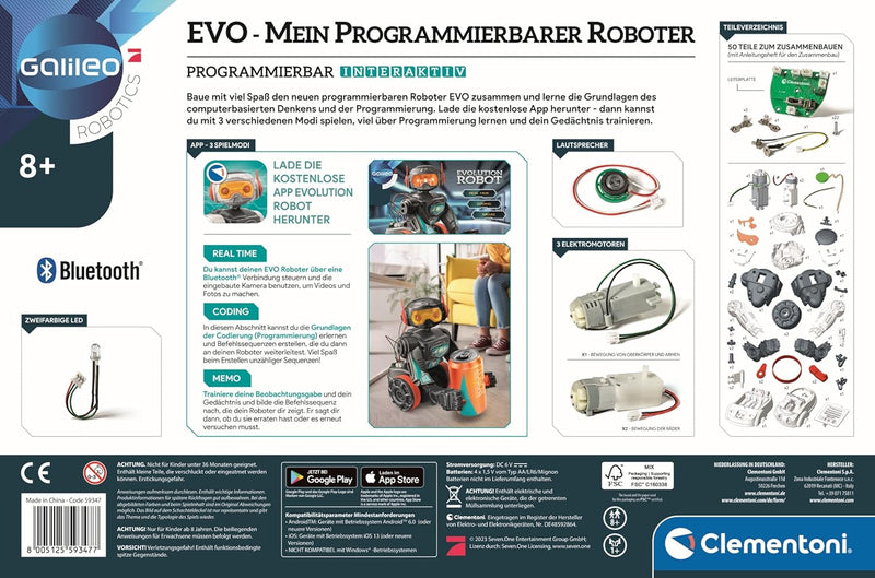 Clementoni Galileo Robotics EVO Roboter - Programmierbarer Spielzeug-Roboter, Bausatz mit 50 Teilen