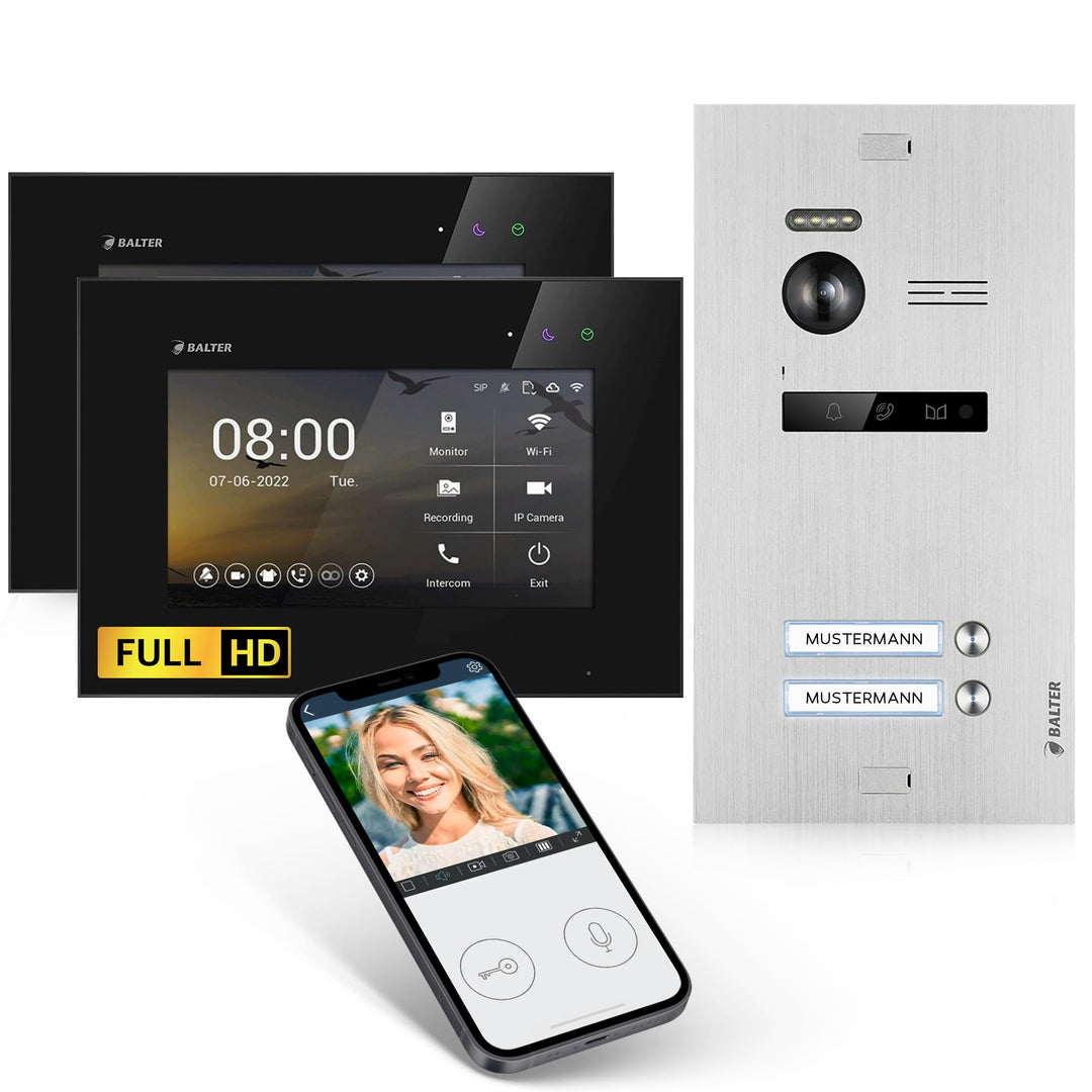 Balter EVO-HD Video Türsprechanlage, Video Türklingel mit Kamera, 2 Familienhaus Klingel, 2X 7 Zoll