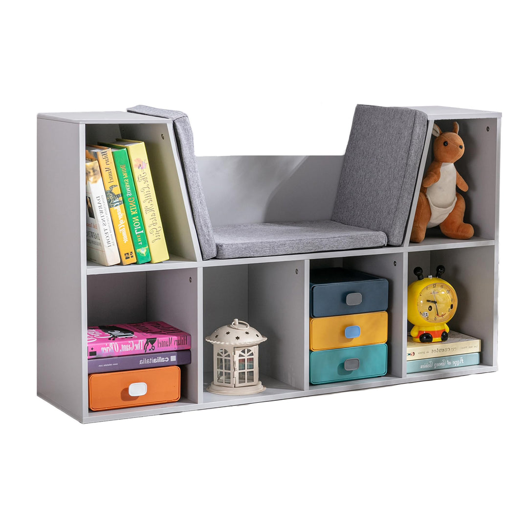 HOMCOM Bücherregal Kinder Kinderregal mit Sitzhocker 6 Fächern 3 Kissen Spielzeugregal Kinderbücherr