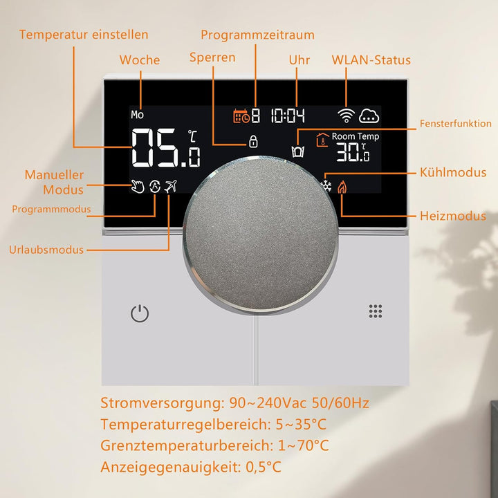 KETOTEK Smart Elektrisches Heizungsthermostat 16A, Digital WLAN Raumthermostat Für Elektrische Fussb
