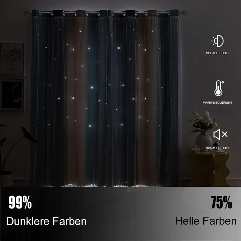 Freyamy Gardinen Blau Beige Weiss Glänzend Sterne Vorhänge Blickdicht Kinderzimmer Halbtransparent H