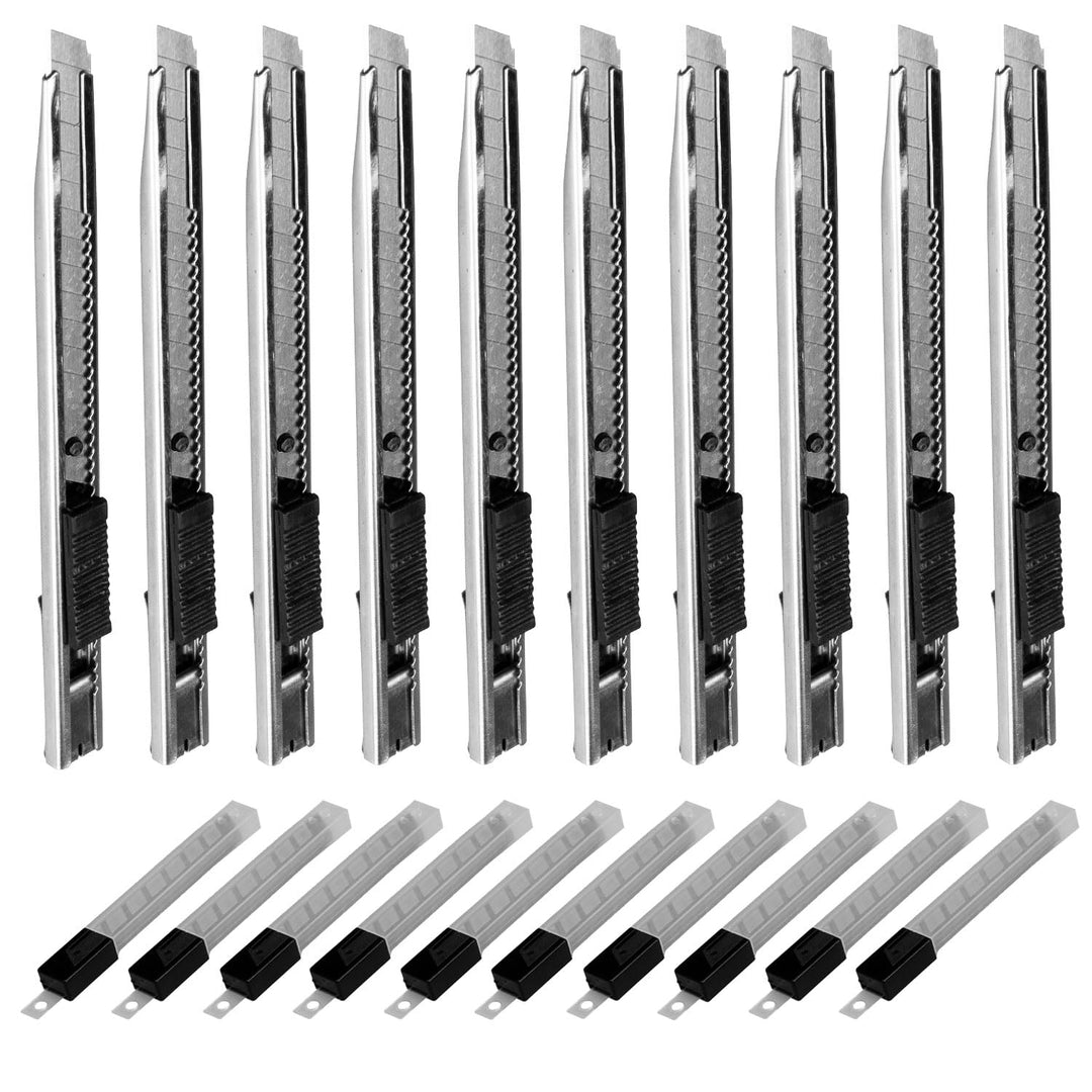 Cuttermesser 9mm Teppichmesser Edelstahl 10 Stck. + 100 Ersatzklingen 10 Stück, 10 Stück