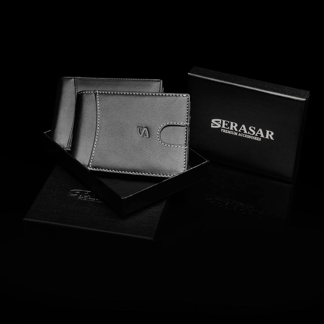 SERASAR | Premium Wallet [Clever] für Herren in schwarz aus Echtleder | 11 Kartenfächer | Wahlweise