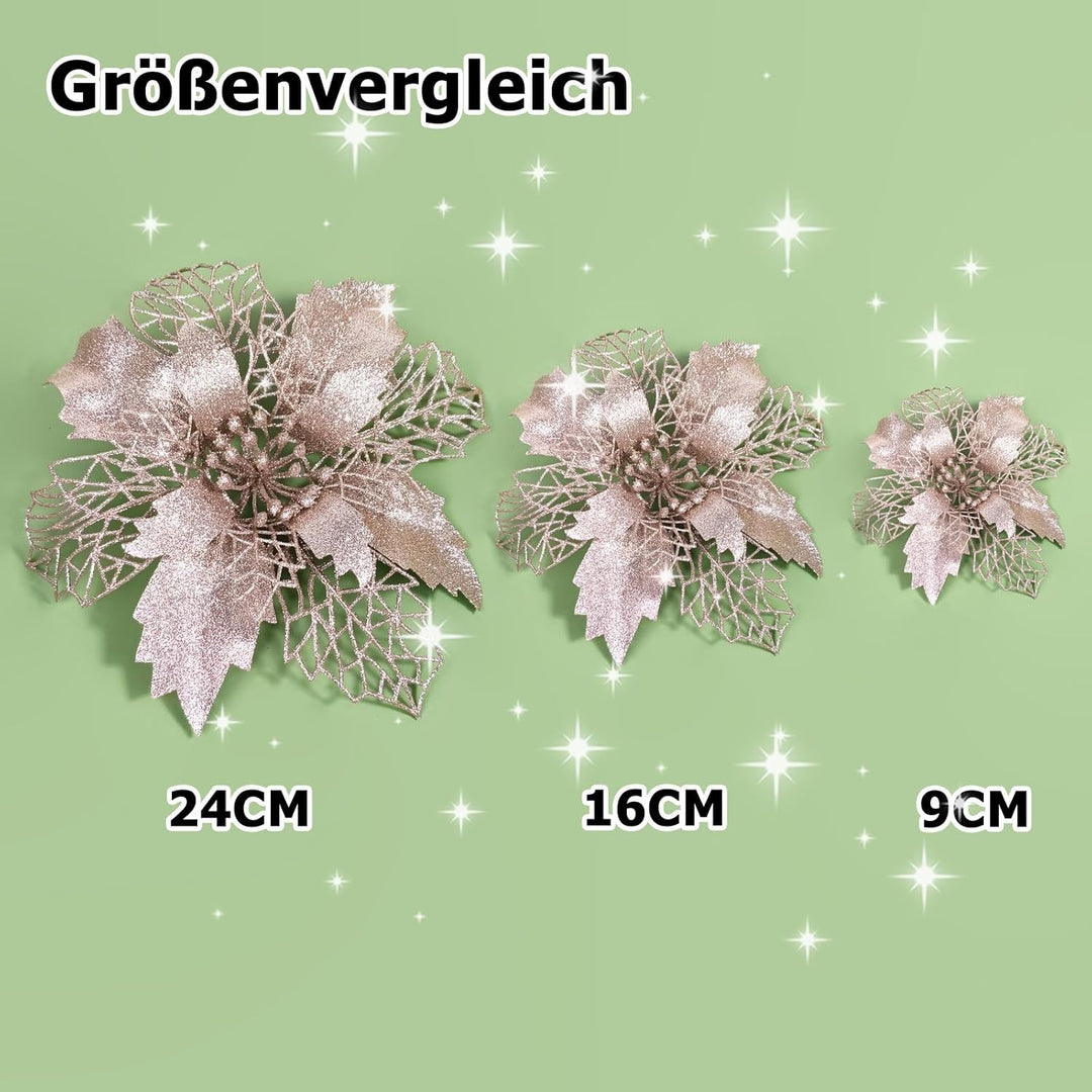 12 Stück Glitter Weihnachtsbaum Dekoration, Weihnachtsbaumschmuck Ornament Weihnachten Blumen Dekor,