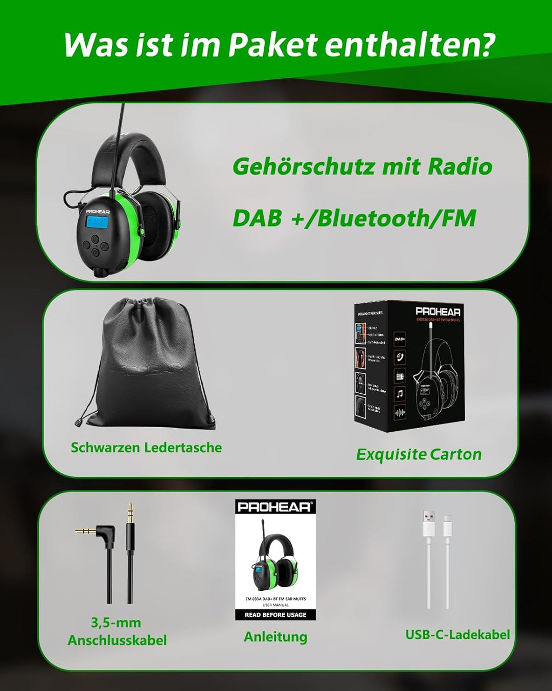 PROHEAR 033A (Upgraded) Gehörschutz mit Radio DAB +/Bluetooth/FM, Kopfhörer mit Radio mit Eingebaute