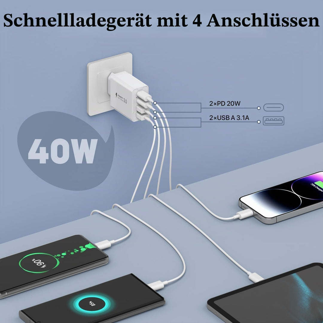 [2 Stück]USB C Ladegerät 40W,4 Ports Mehrfach Ladegerät mit USB-C und USB-A,USB C Schnellladeblock D