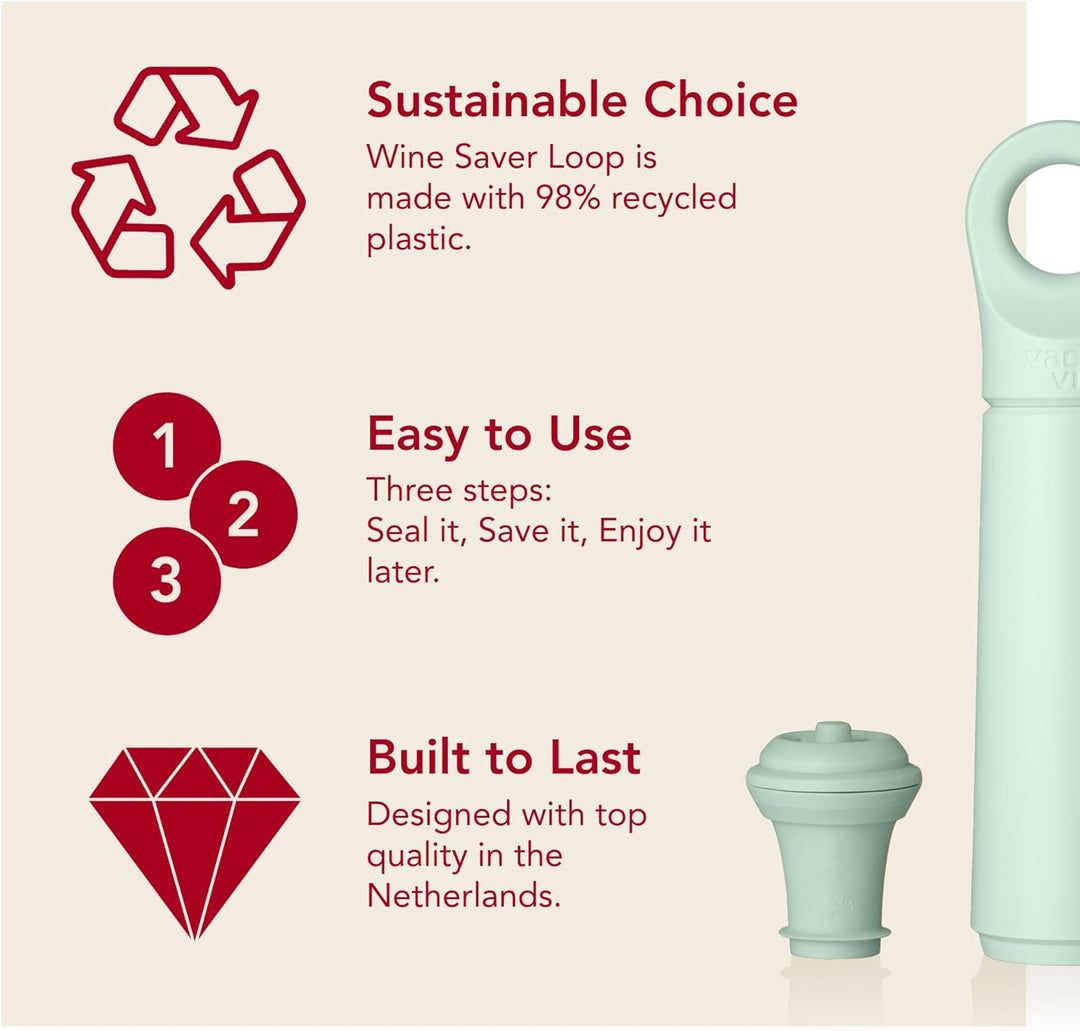 Vacu Vin Weinpumpe Loop - Vakuum Weinflaschenverschluss - 1 Pumpe 1 Stopper aus 98% Recyceltem Mater