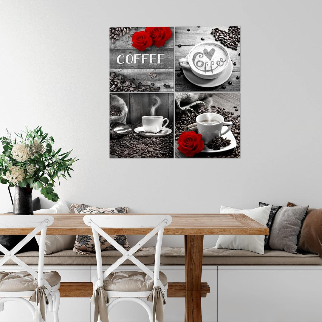 Runa Art - Bilder Kaffee Küche Wandbild auf Vlies Leinwand Esszimmer Küchenbilder 4 Teilig 80 x 80 c