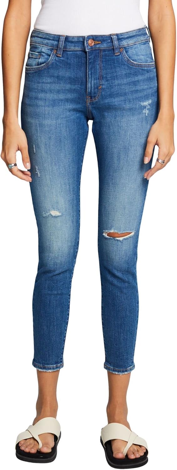 edc by Esprit Verkürzte, schmal geschnittene Jeans in Used-Optik 24W / 30L 902/Blue Medium Wash, 24W