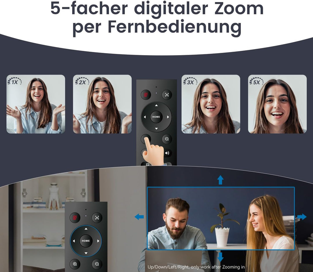 TONGVEO KI Automatisches Tracking 4K Webcam mit Mikrofonen und Lautsprecher, 5-facher Digitalzoom eP