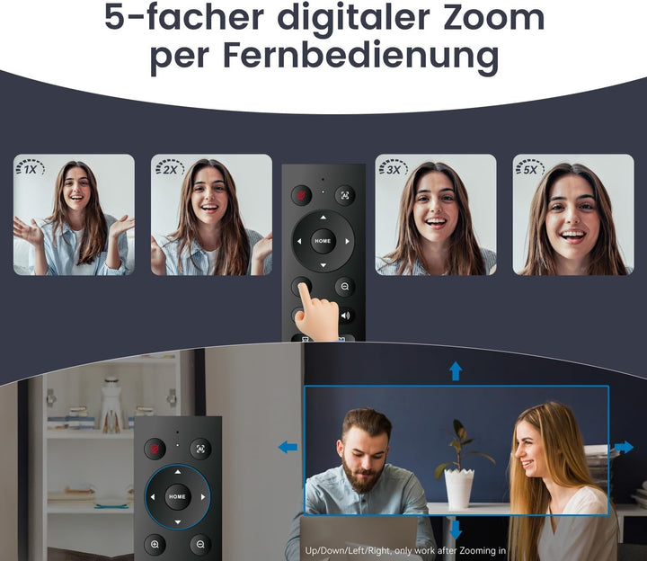 TONGVEO KI Automatisches Tracking 4K Webcam mit Mikrofonen und Lautsprecher, 5-facher Digitalzoom eP