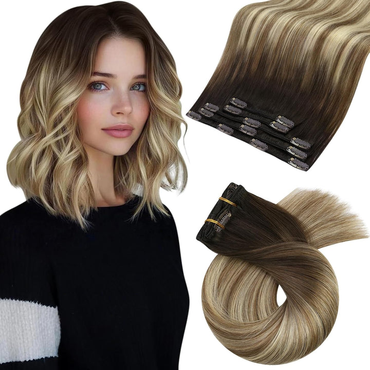 Moresoo Clip in Extensions Echthaar Remy Braun Extension Echthaar Clips Dunkelbraun bis Hellbraun mi