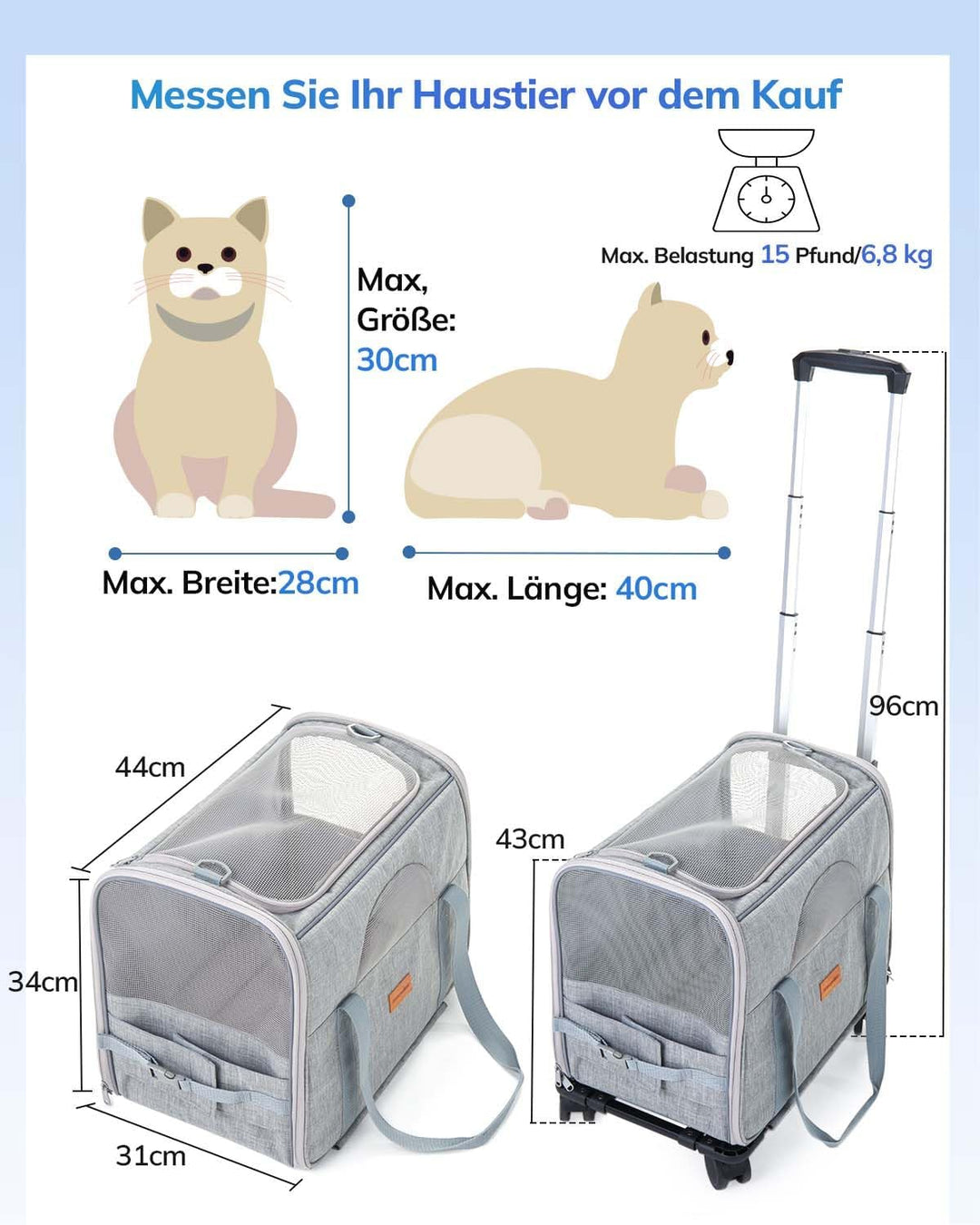 Morpilot Transporttasche für Katze mit Rollen, Faltbarer Katzentransportbox Hundetragetasche Transpo