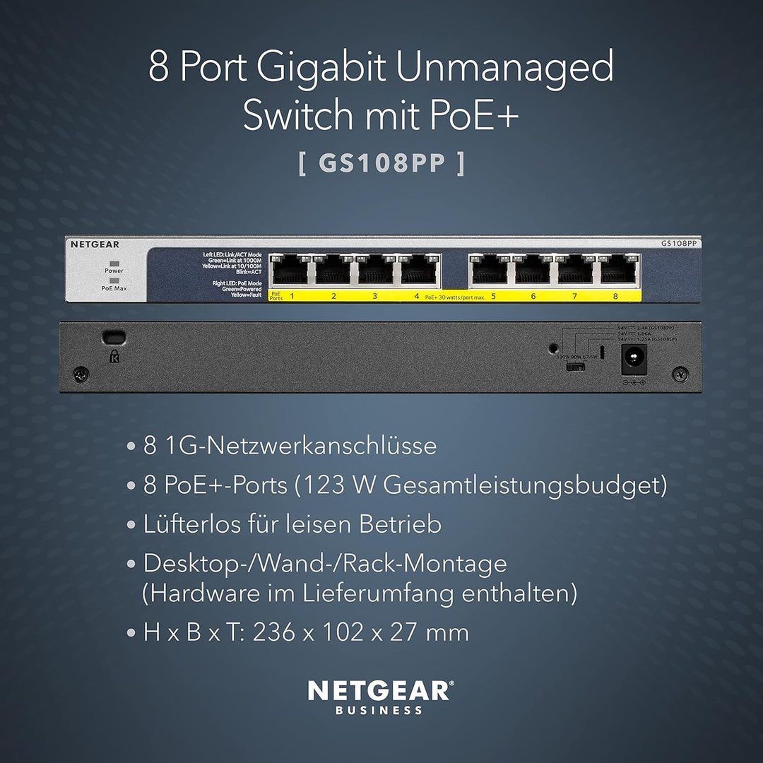 NETGEAR GS108PP PoE Switch 8 Port Gigabit Ethernet LAN Switch mit 8x PoE+ 123W (Plug-and-Play Netzwe