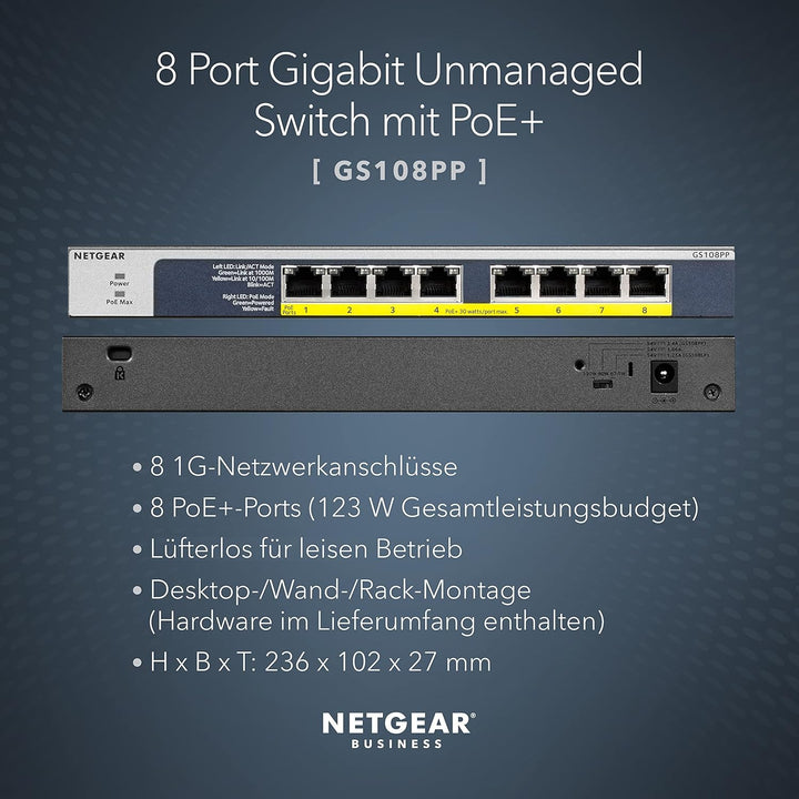 NETGEAR GS108PP PoE Switch 8 Port Gigabit Ethernet LAN Switch mit 8x PoE+ 123W (Plug-and-Play Netzwe