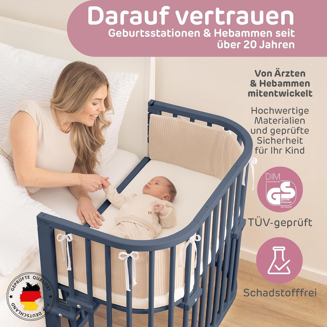 babybay Maxi Comfort Plus Beistellbett & Stubenwagen aus massivem Buchenholz/Zustellbett mit Verschl