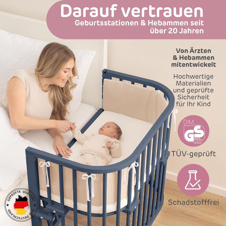 babybay Maxi Comfort Plus Beistellbett & Stubenwagen aus massivem Buchenholz/Zustellbett mit Verschl