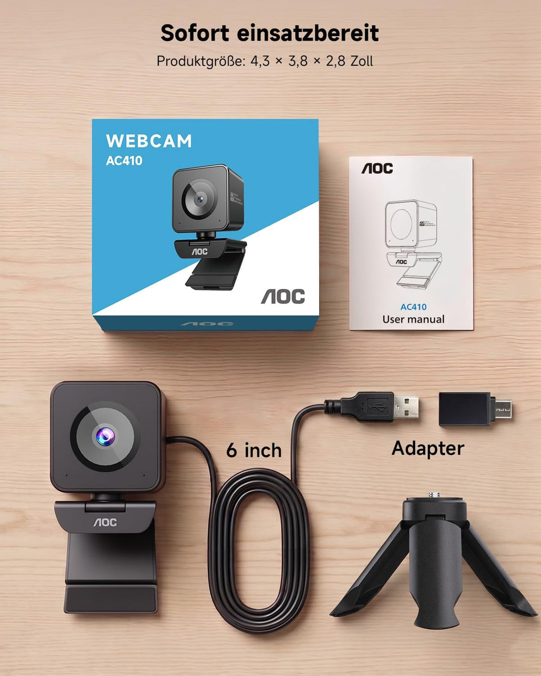 AOC UHD Webcam 4K, Webcam mit Objektivabdeckung & Dual Mikrofon, 75° Streaming Kamera mit Autofokus,