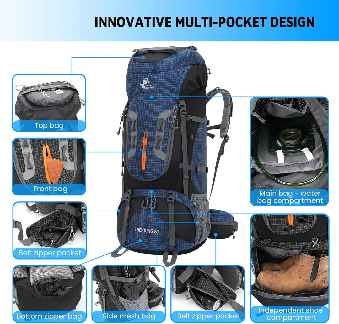 Bseash 80L Wasserdichter Wanderrucksack mit Regenschutz, leichter Outdoor-Sport, Reisen, Tagesrucksa