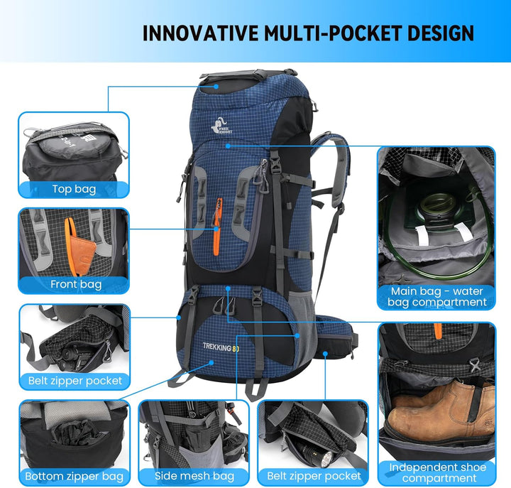 Bseash 80L Wasserdichter Wanderrucksack mit Regenschutz, leichter Outdoor-Sport, Reisen, Tagesrucksa