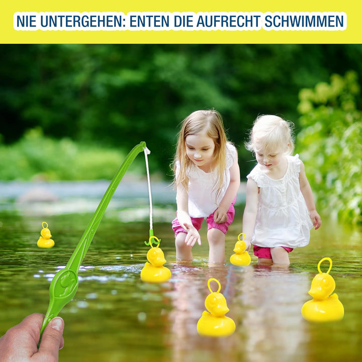 AMLI Enten Angeln | 16x gelbe Entchen mit Öse & Gewicht | Inkl. 2 Angeln | Entenangeln Spiel Wasser