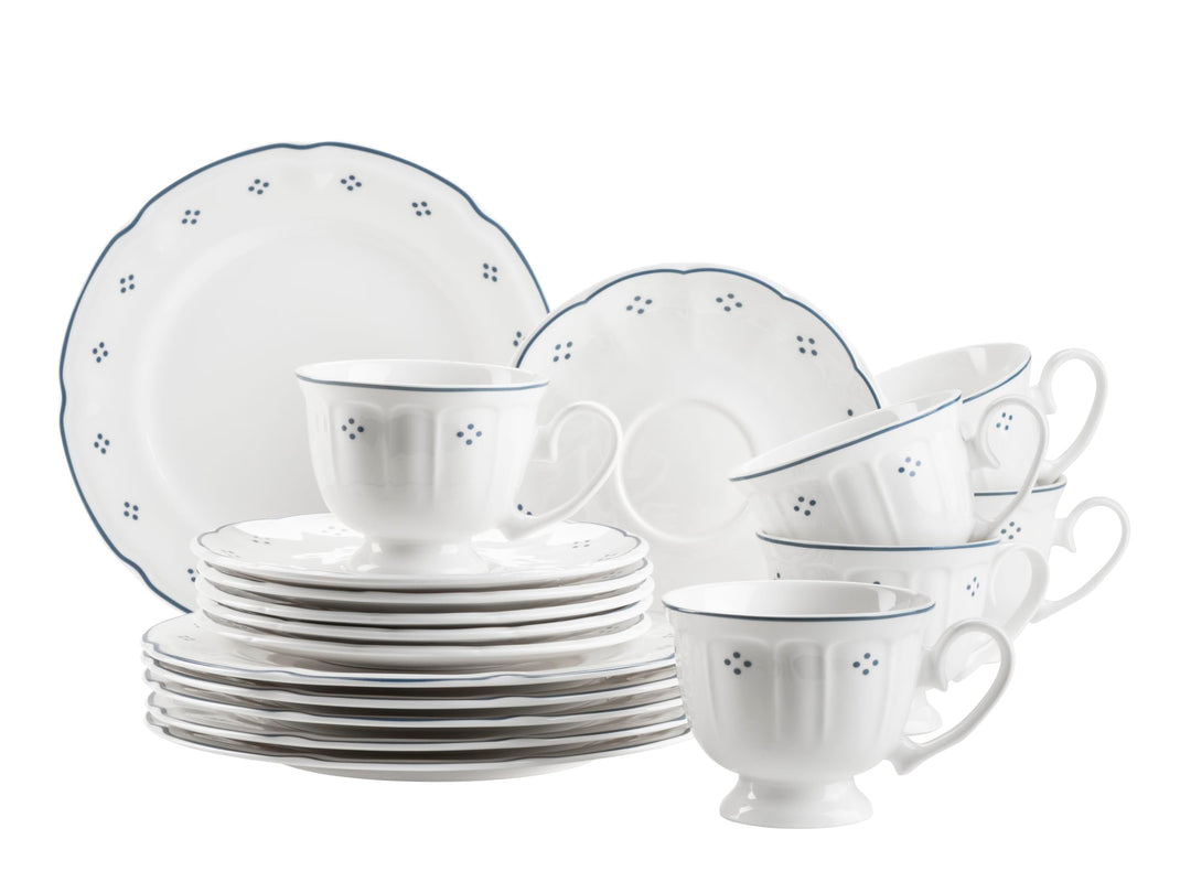 Mäser Serie Lova, Kaffeeservice 18-teilig Porzellan – 6 Dessertteller 19,5 cm, 6 Tassen 19 cl & 6 Un
