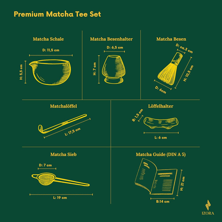 Izora Premium Matcha Set – handgefertigtes Zubehör aus Keramik & Bambus, inkl. Edelstahl-Sieb, Rezep