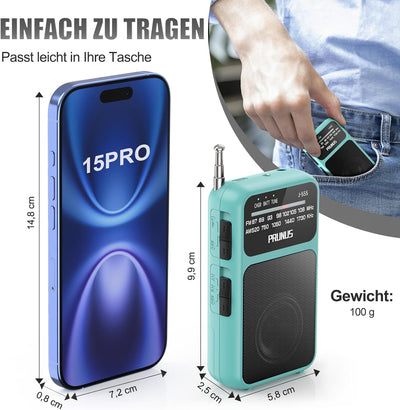 PRUNUS J-555 AM/FM/UKW Radio Klein, Kleines Radio mit Akku, USB-C-Laden, Mini Radio Batteriebetriebe