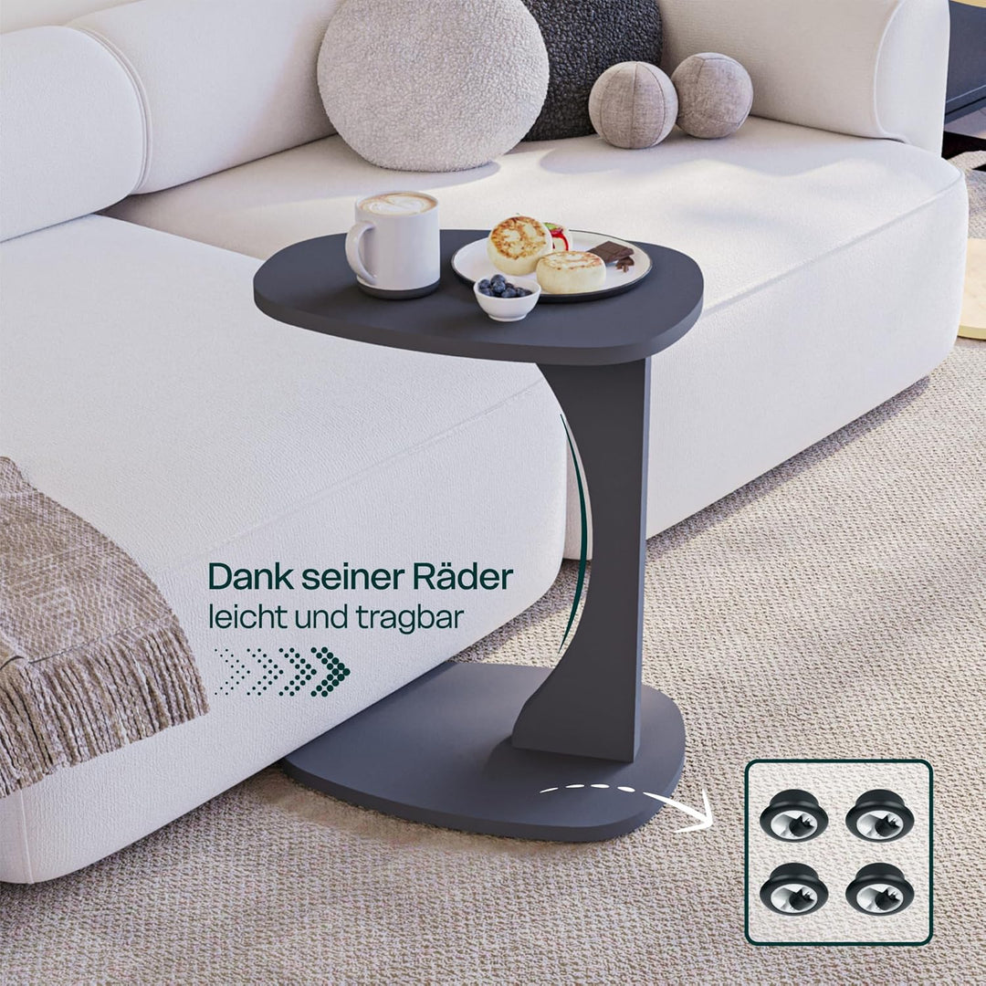 Beistelltisch Couch mit Rollen, Kleiner Beistelltisch C-Form, Sofatisch in stylischem Anthrazit, Kle