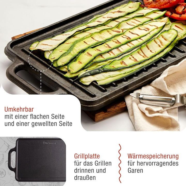 VICTORIA Grillplatte Emailliertes Gusseisen Grillpfanne 33 X 21cm Doppelseitig Verwendbar, für Feuer