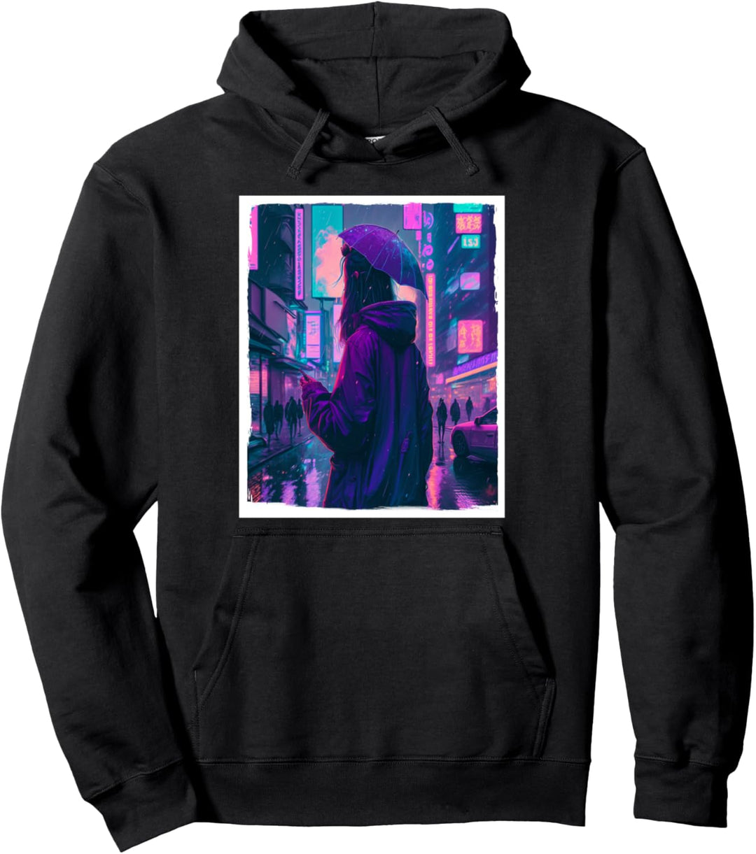 Vaporwave Aestethic Retro Japan Neon Girl Rain Emo Anime Pullover Hoodie