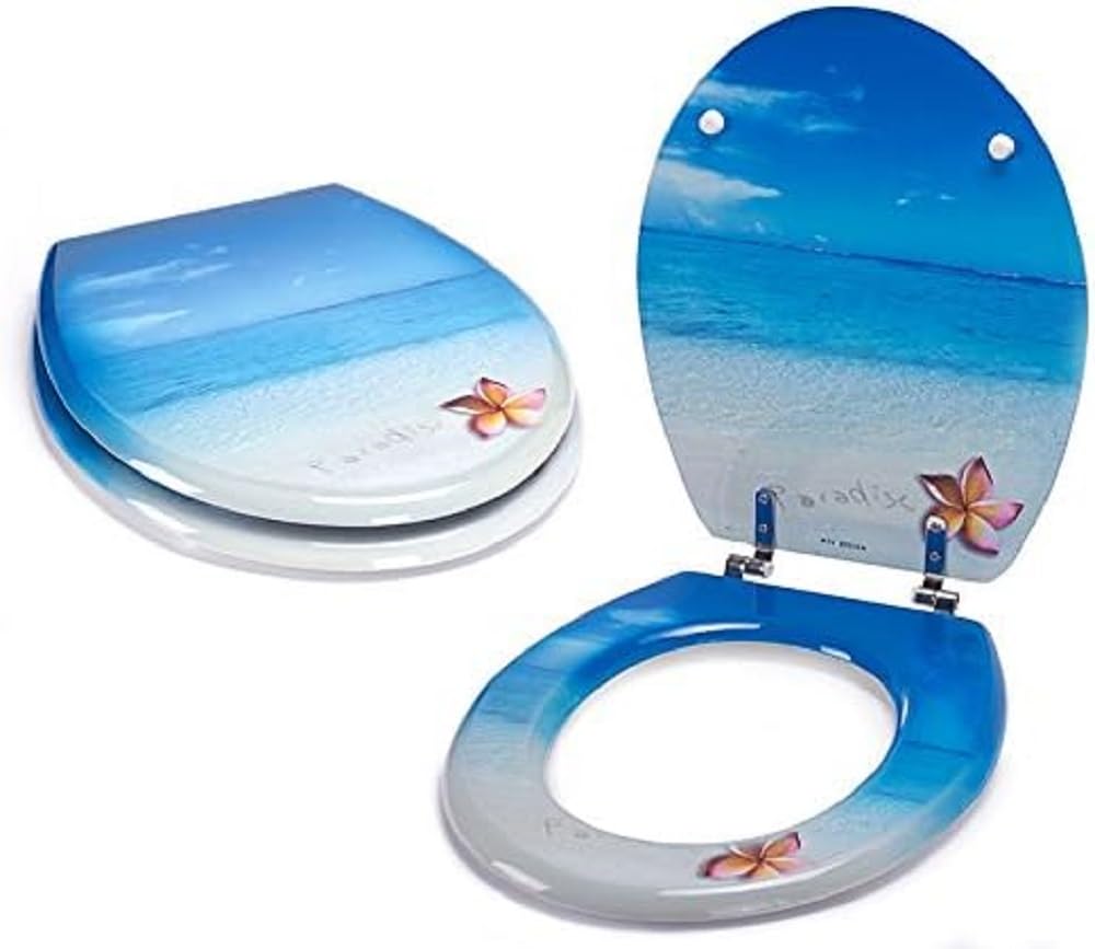 MSV 141255 WC Sitz Toilettendeckel MDF Holzkern „Paradise Design“ Scharniere aus Edelstahl, Paradise