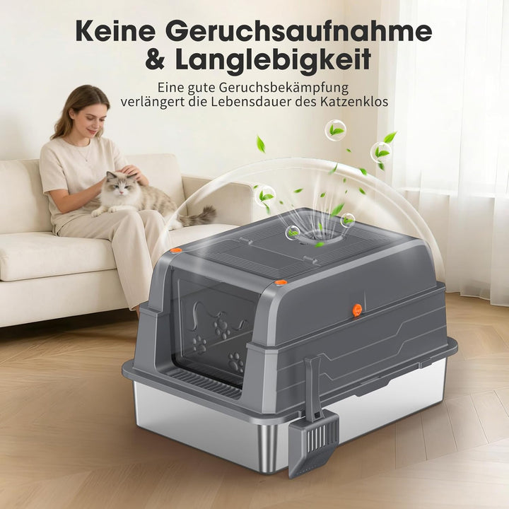 XXXL Edelstahl Katzentoilette mit Deckel – extra grosse geschlossene Katzenklos mit hohen Seitenwänd