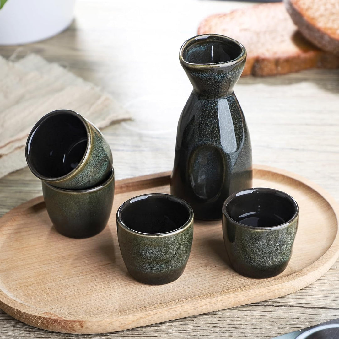 Keramik Sake Satz für Wärmeren Liquor Sake Set 1 Sake-topf mit 4 Sake Becher (Grün Schwarz), Grün Sc
