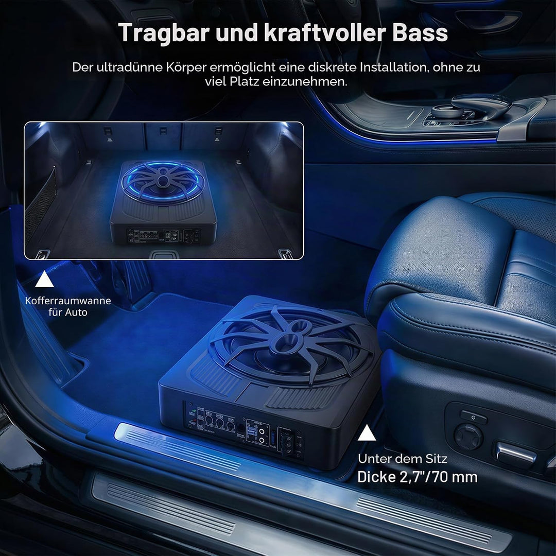 OiLiehu Untersitz Auto Subwoofer 1000W, 10" Schlanker Auto Subwoofer mit Stereo-Surround-Sound, Inte
