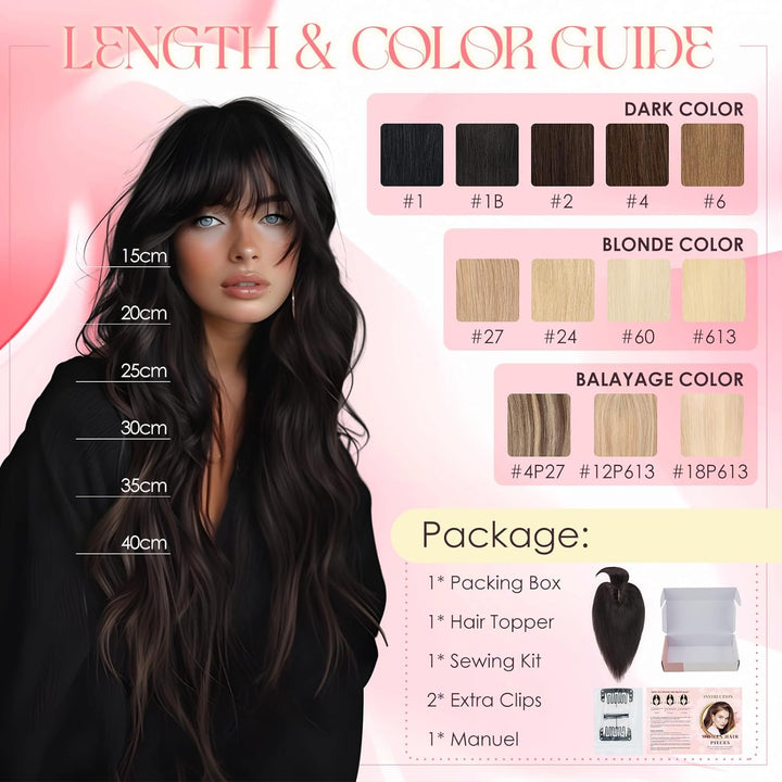 Topper Extensions mit Fringe Haartopper für Frauen 150% dichte Haarteile Clip in 7 * 13cm Basis weic