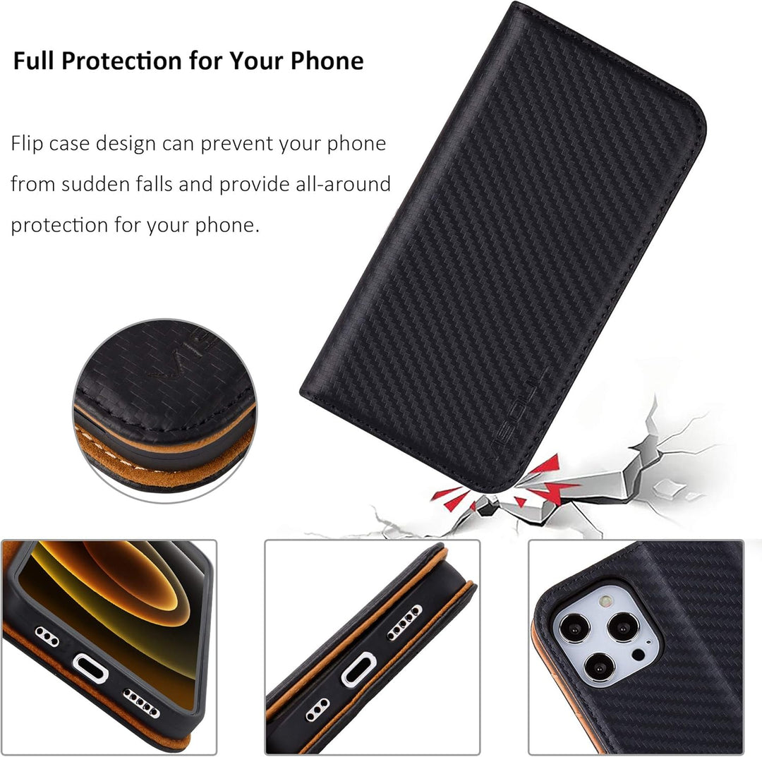 VISOUL iPhone 12 Pro Max Hülle, Handyhülle [Carbon Leder] [RFID Schutz] [Schützt vor Stoss] [Standfu