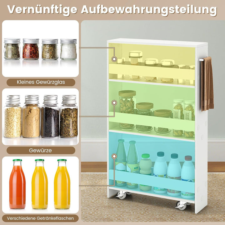COSTWAY Nischenwagen 13cm breit, 4 Etagen Küchenwagen schmal, Nischenregal auf Rollen, Servierwagen