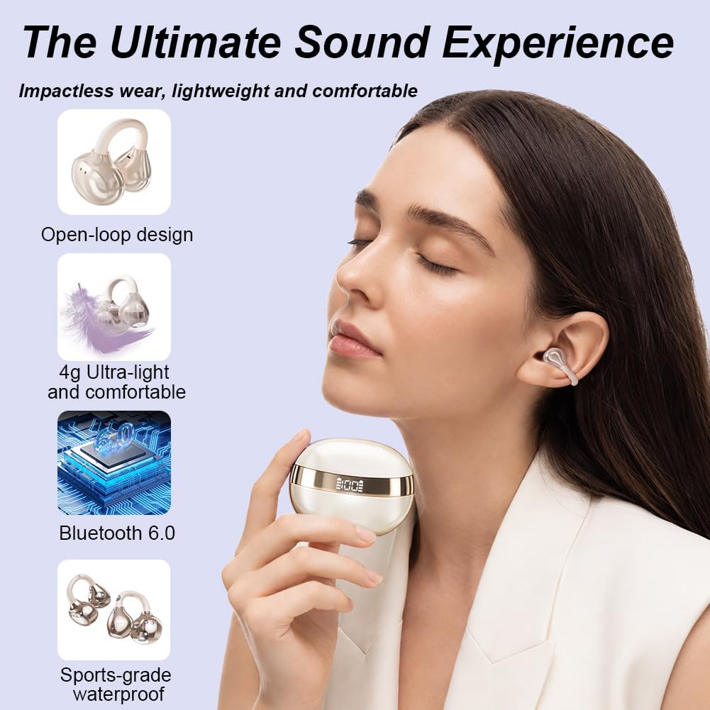 Clip-on Open-Ear Bluetooth-Kopfhörer Wireless,Bluetooth 6.0,60 Stunden Ultra-Lange Akkulaufzeit,Komf