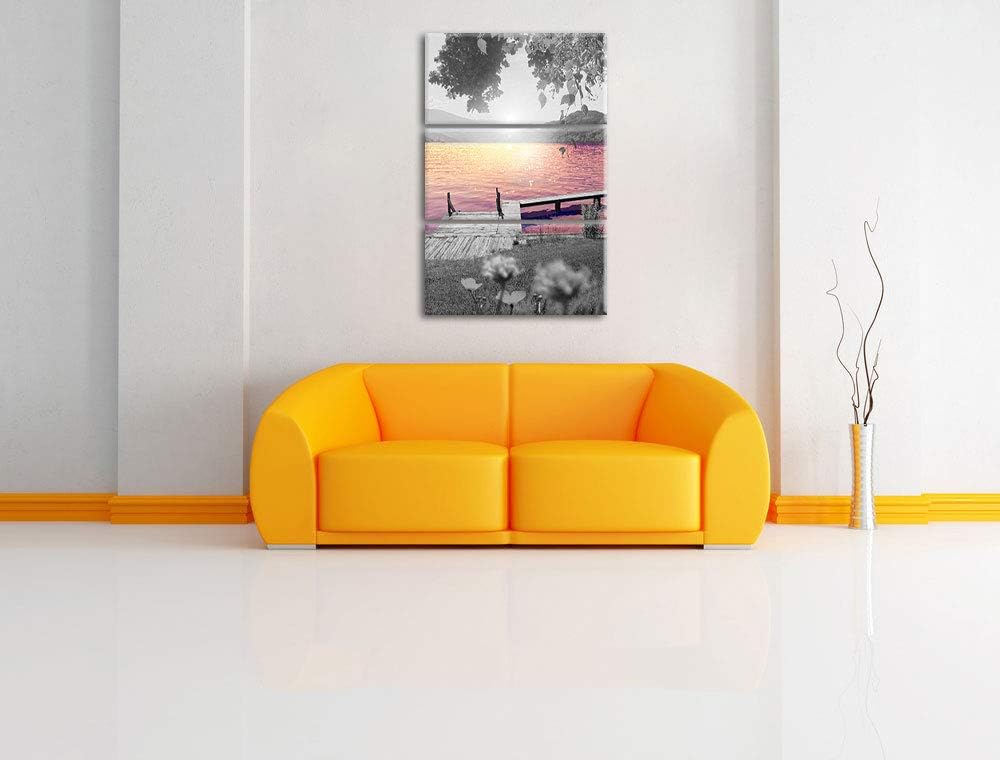 kleiner Steg am See bei Sonnenaufgang schwarz/weiss 3-Teiler Leinwandbild 120x80 Bild auf Leinwand,