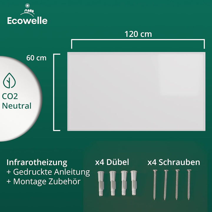 Ecowelle Infrarotheizung Classic Weiss 1200 Watt + 10 Jahre Garantie + Made in Germany + Doppelter Ü