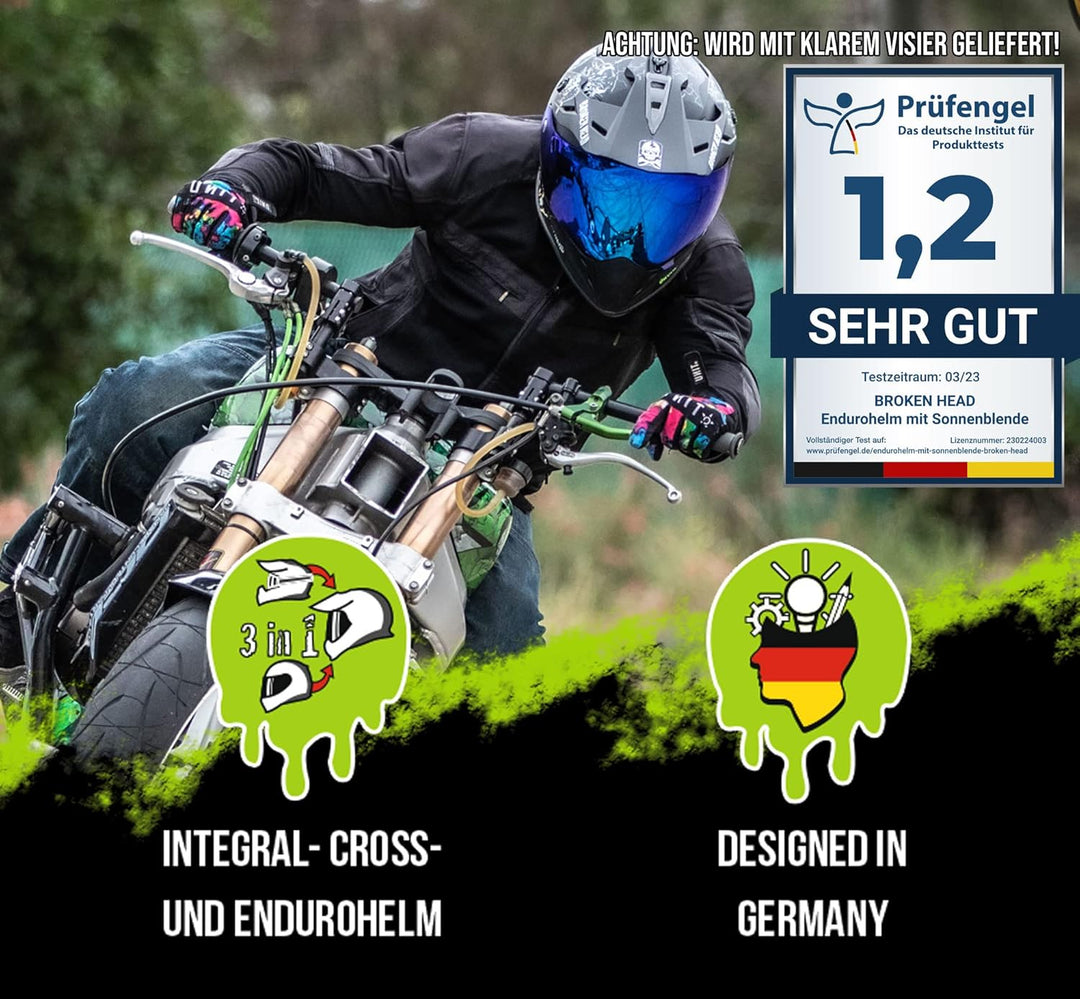 Broken Head Fullgas Viking VX2 Motocross-Helm - Enduro Cross-Helm mit Visier und Sonnenblende S (55-