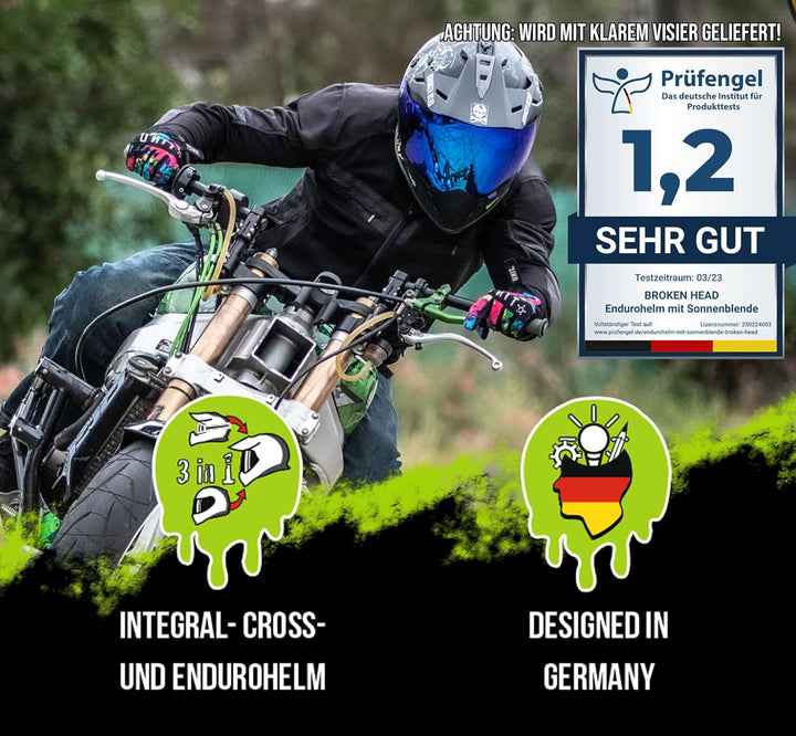 Broken Head Fullgas Viking VX2 Motocross-Helm - Enduro Cross-Helm mit Visier und Sonnenblende S (55-