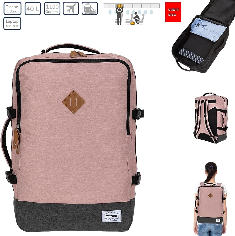 BESTWAY Cabin 40223 Retro Reiserucksack Kabinenrucksack Leichtgepäck Rucksack + Koffergurt Soft Pink
