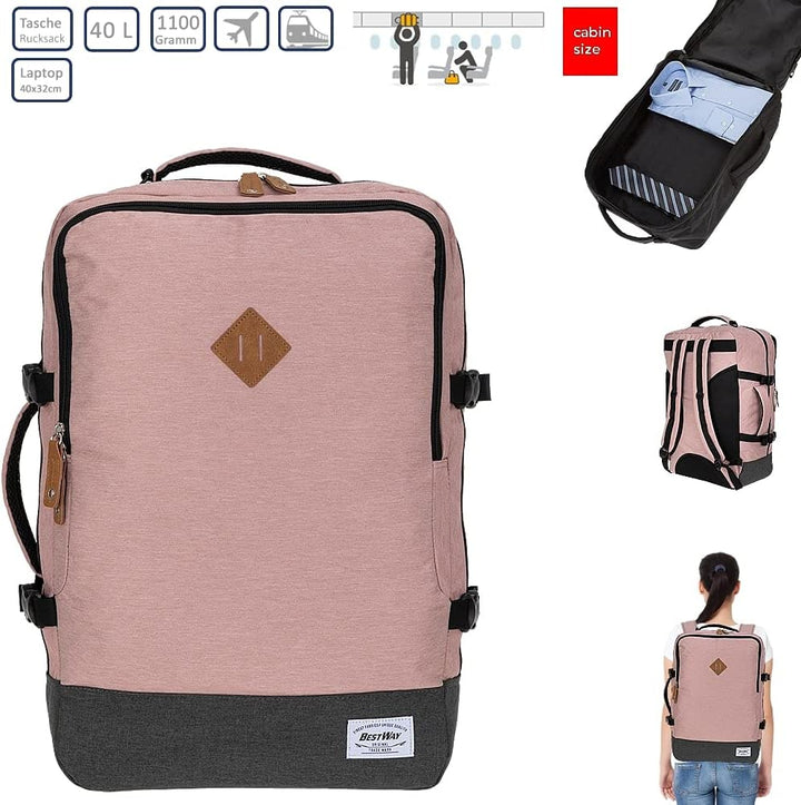 BESTWAY Cabin 40223 Retro Reiserucksack Kabinenrucksack Leichtgepäck Rucksack + Koffergurt Soft Pink