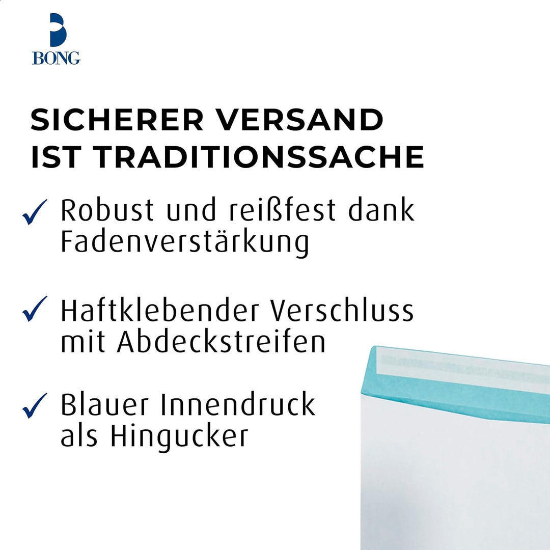 Bong Versandtasche B4 (100 Stück), haftklebende Versandtaschen ohne Fenster, fadenverstärkte weisse