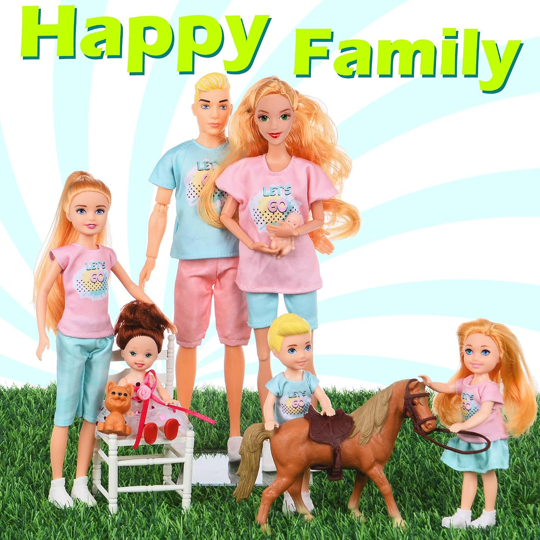Familie Puppen Set von 7 Personen mit Welpen und Pferd Zubehör Inklusive 11.5 Zoll schwanger Mama, P