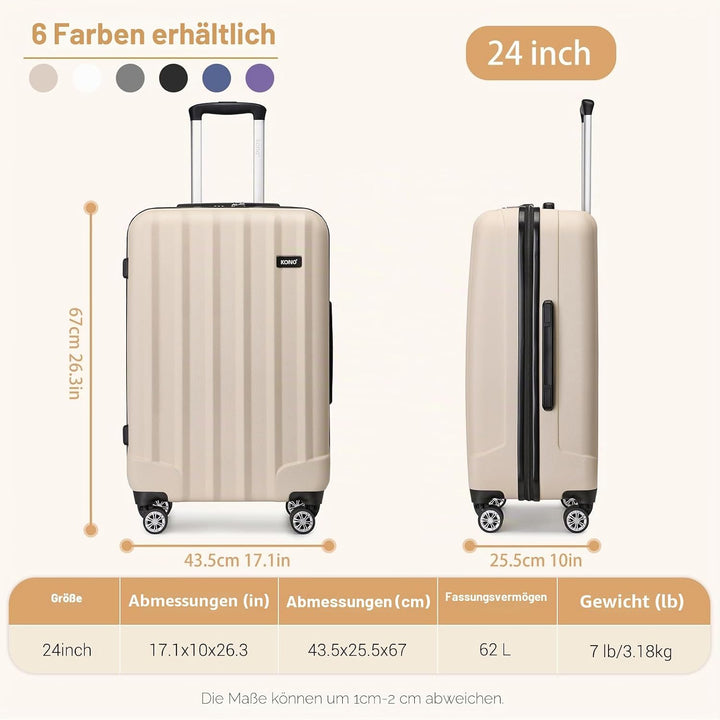 KONO Koffer Trolley Mittelgross Hartschale ABS Reisekoffer Rollkoffer Suitcase (Beige, L) Beige L, B