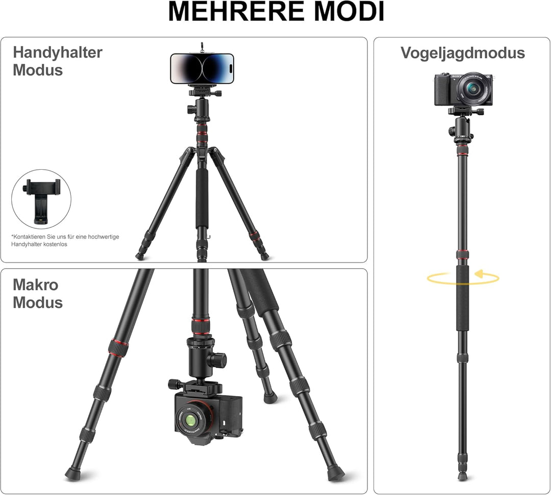RALENO 1,98 m Kamerastativ, Stativ mit 360° Panorama Kugelkopf, Professionelles Camera Tripod mit 10
