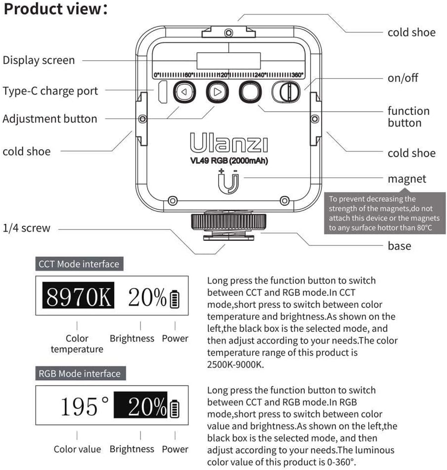 Ulanzi VL49 RGB Mini Multi Color LED Videolampe für Smartphone und Kamera Fülleuchte mit einstellbar